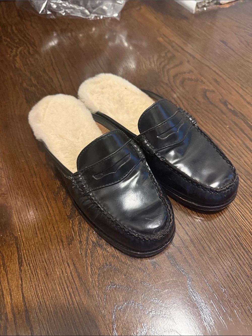 Black Shearling-Lined Slip-On Penny Loafers for Women